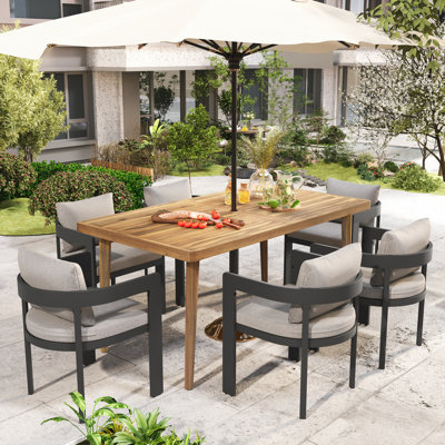 Outdoor Patio 7PCS Dining Set (6PCS Black Finished Aluminum Dining Chair with Beige Cushion and 1PC Acacia Wood Dining Table)