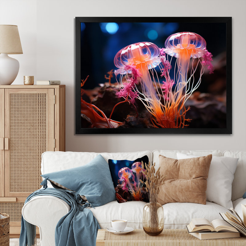Jellyfish Oceans Glow IV sur impression sur toile, H 24 po x l 32 po x P 1 po, Cadre simple noir