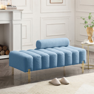 Tabouret de chambre de 53,2 po de largeur avec tissu respirant et pieds élégants en métal doré, banc bleu Fuzzy doré