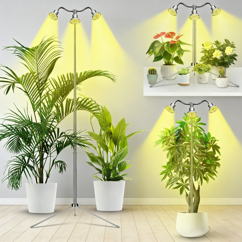 Lampe de culture pour plantes, lampe à spectre complet à 3 têtes avec trépied réglable de 15 à 62 po, minuterie automatique, amovible pour une installation en pot ou sur pied, cadeau de jardinage intérieur