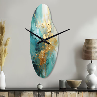 Or et sarcelle Aurora Harmony II - horloge murale incurvée à spirales abstraites, horloge asymétrique dorée