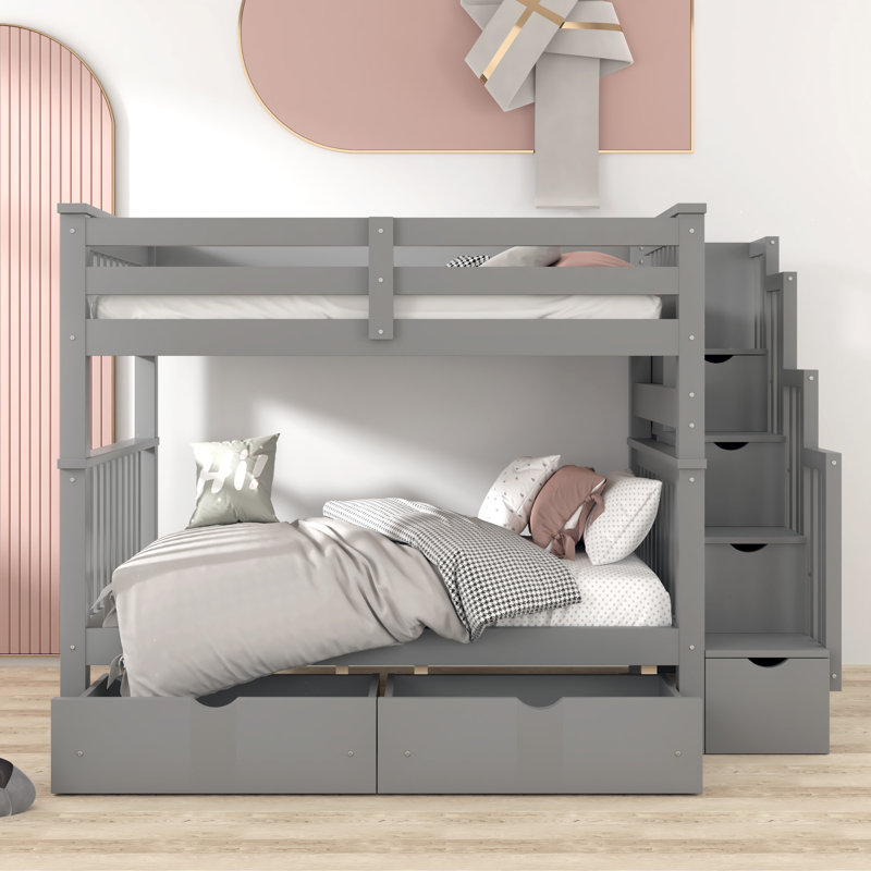 Eridano Kids Full Over Full Bunk Bed with Drawers, Gray
