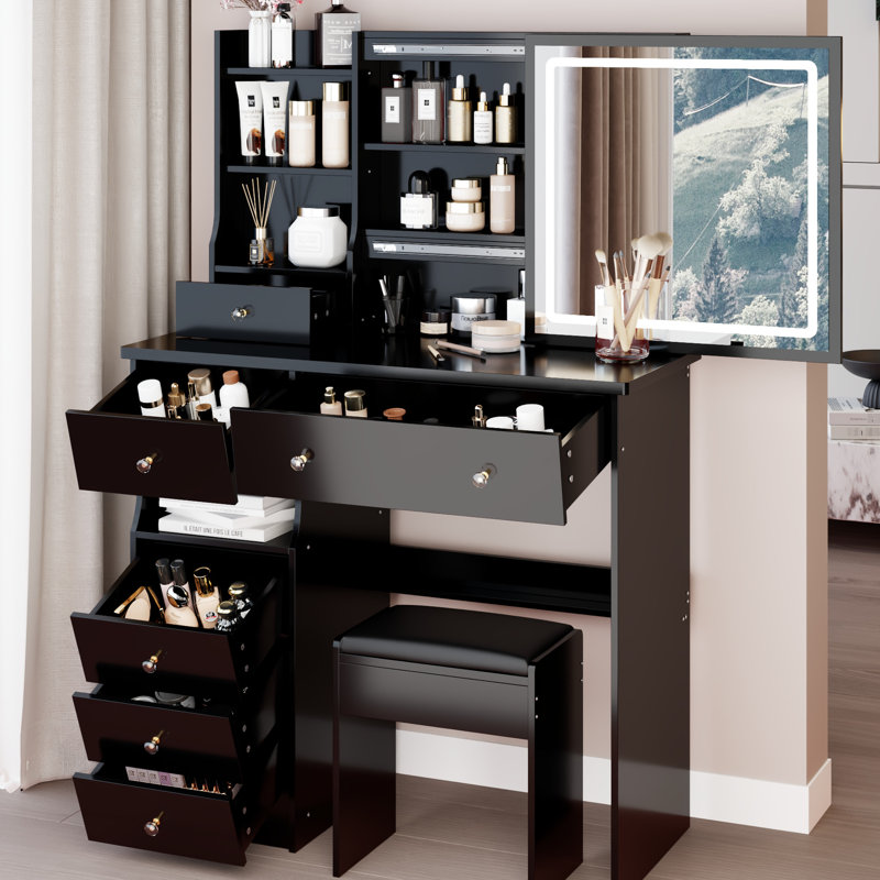 Left Drawer 37" Desktop Vanity Table And Cushioned Stool, Large Sliding Mirror With Touch - Controlled Tri Color Led Brightness Adjustment For Big Spaces Middle Size 37 Inch Drawer, Based High