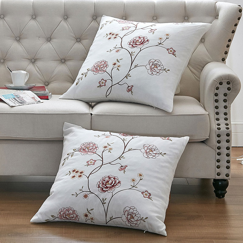 Spring Flower Embroidery 2 Piece Euro Pillow Shell Set, Burgundy