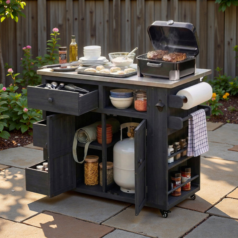 Îlot de cuisine extérieur avec plateau en acier inoxydable, support à épices latéral, tiroirs, support à papier, porte-serviettes et tablette ouverte
