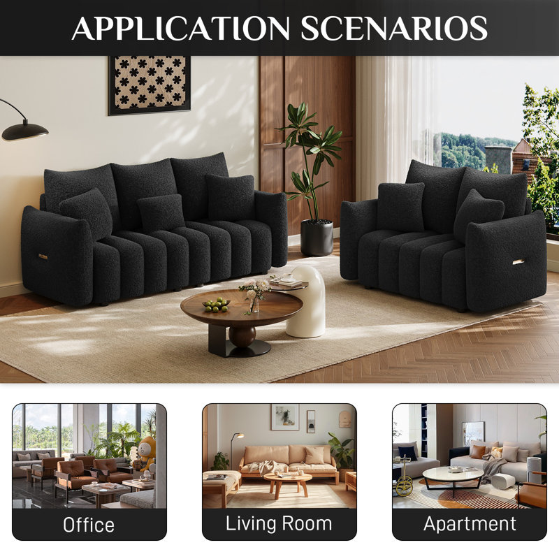 Two Piece Modern Teddy Fleece Upholstered Cloud Sofa Set, Black