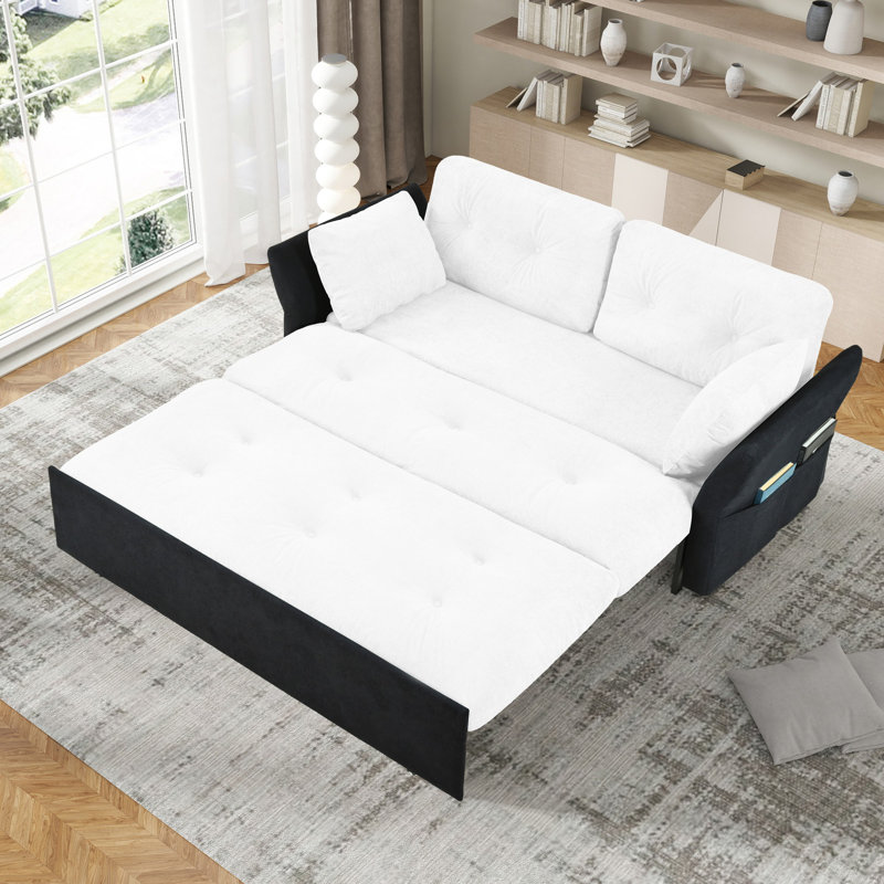 Convertible Pull Out Sofa Sleeper with  Side Storage, White Chenille