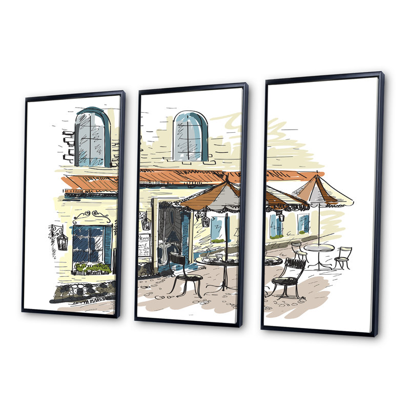 Street Café - 3 pièces, cadre flottant, impression sur toile, Cadre noir, L 36 po x H 28 po