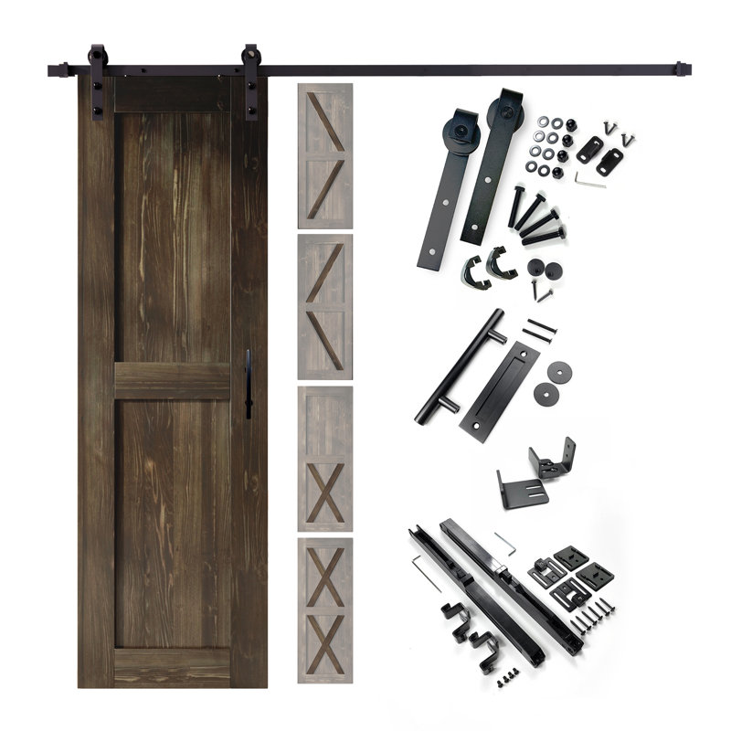 Porte en bois de pin massif 5-en-1 de conception 80 po avec quincaillerie d'installation rustique noire 5 en 1, 20 po x 80 po
