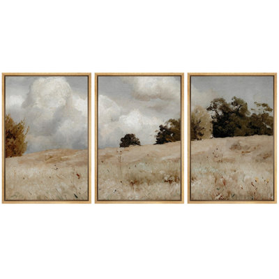 Rural Landscape " Soft Pastoral Landscape, Realistic Clouds, Elegant Nature Wilderness Illustration Decor " 3 - Pieces
