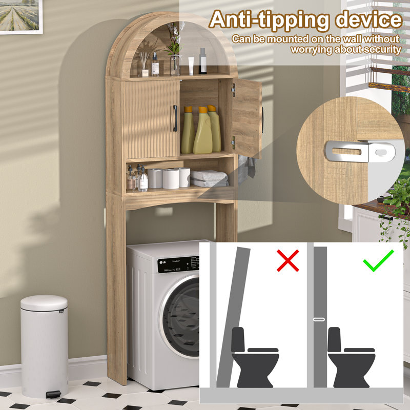 Over The Toilet Storage Cabinet, Freestanding Bathroom Organizer With Adjustable Shelf And Anti-tip Device, Arched Cabinet With Doors, Space-saving Toilet Storage For Bathroom, Laundry, Mini Bar