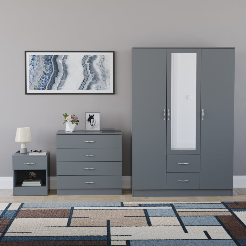 Maybery 3 Piece Bedroom Set (1 Drawer Bedside Chest, 4 Drawer Chest, 3 Door 2 Drawer Mirrored Wardrobe), (5), Grey