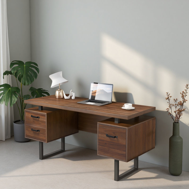 Home Office Computer Desk With Drawers/Hanging Letter-Size Files, 59 Inch Writing Study Table With Drawers