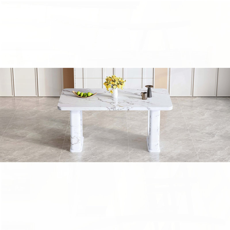 Marble-Patterned Glass Dining Table with Transparent Double-Pillar Support (64.5" x 35.4")