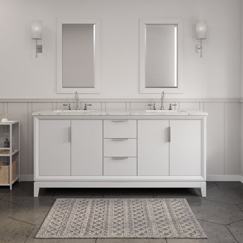 Elizabeth 72" Carrara White Marble Countertop Bath Vanity with Mirror, Pure White