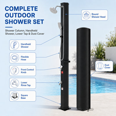 9.3 Gallon Solar Outdoor Shower with Dust Cover, 360° Swivel & Handheld Shower Head, Foot Faucet, Adjustable Hot Cold Water