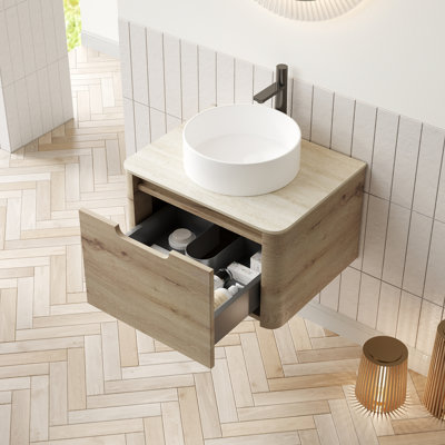 Meuble-lavabo 24 po avec lavabo, armoire de rangement murale en contreplaqué avec tiroir, lavabo rond en céramique blanche et plateau en pierre frittée à motif de travertin Roma