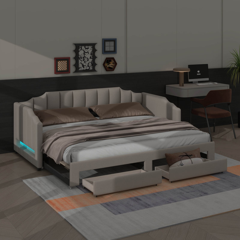 Twin XL Size Daybed With Built-In Storage & Pull-Out Trundle, Upholstered Expandable Daybed Equipped With LED Lighting, Beige