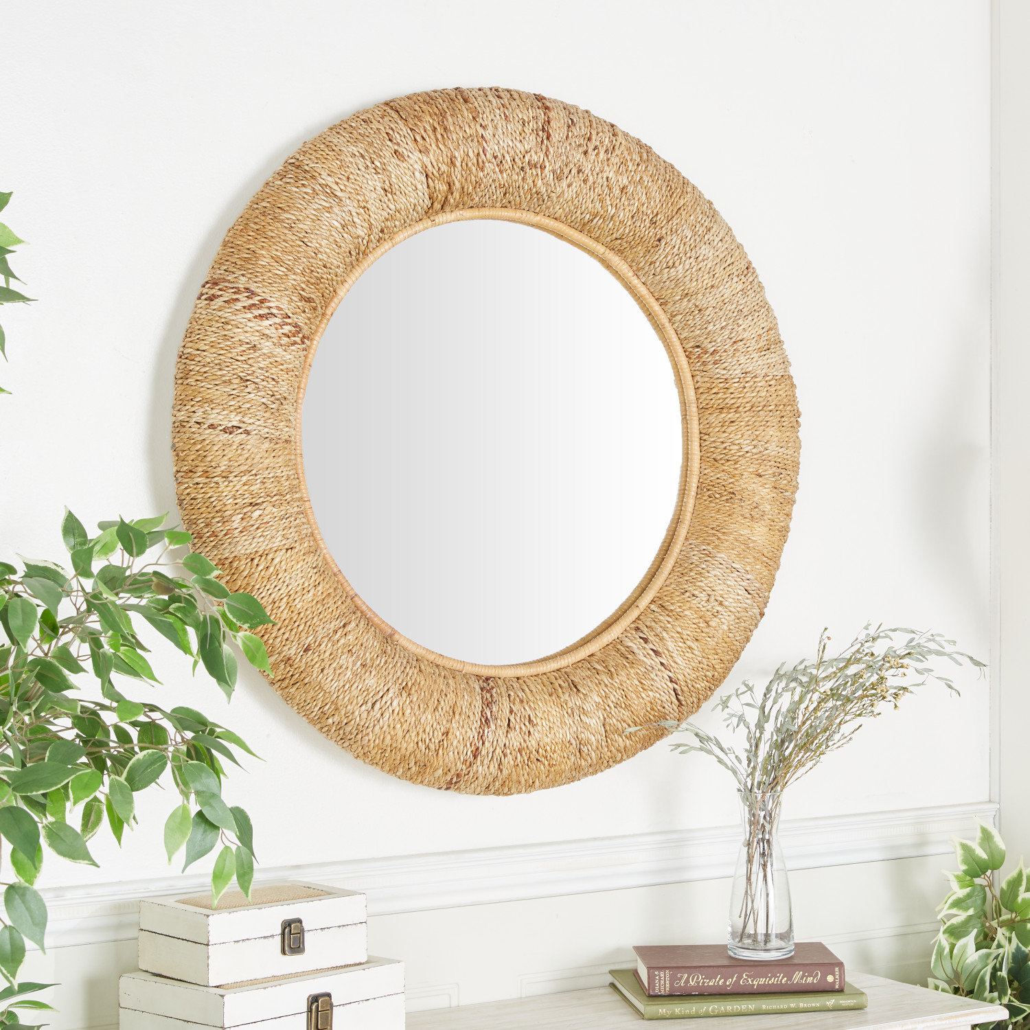 Beachcrest Home Karyn Brown Rattan Coiled Weaved Frame Wall Mirror 35