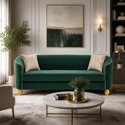 Canapé moderne de luxe en velours vert, canapé 3 places avec dossier capitonné, pieds en métal doré, siège en mousse haute résilience et ressorts ensachés, capacité de 750 lb, élégant canapé de salon