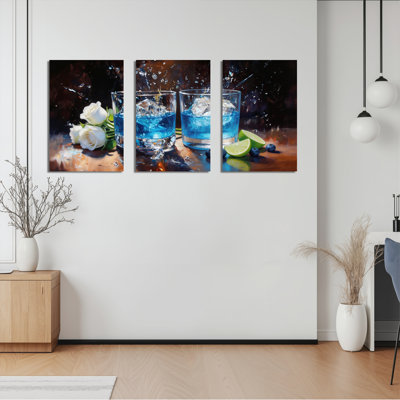 «Blue Cocktail» et roses blanches sur toile tendue, ensemble de 3 reproductions de peintures à l'huile pour salon