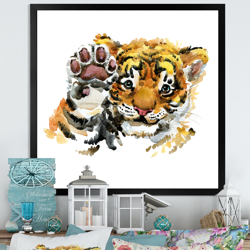 Illustration d'un mignon petit tigre - sur, Impression noire sur toile encadrée, H 16 po x l 16 po x P 1 po