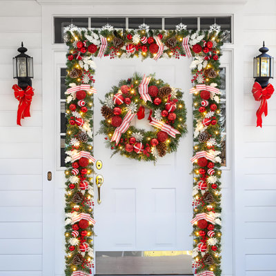 Guirlande de Noël pré-éclairée de 6 pieds avec ornements rouges et blancs, lumières DEL à piles, décoration des Fêtes