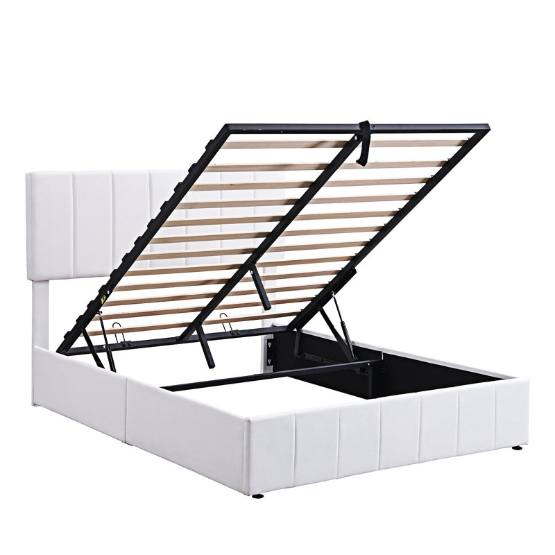 Lit plateforme tapissier avec système de rangement hydraulique, Blanc, Double