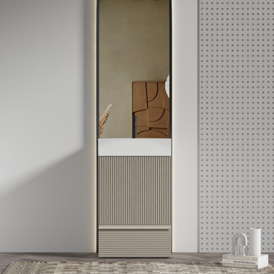 Meuble-lavabo rayé beige Gada avec lavabo en céramique blanche de 20 po, conception de plancher autoportant, porte simple et tiroir, poignée cachée, tableau E1 Eco, quincaillerie à fermeture en douceur Dtc, pour petite salle de bain