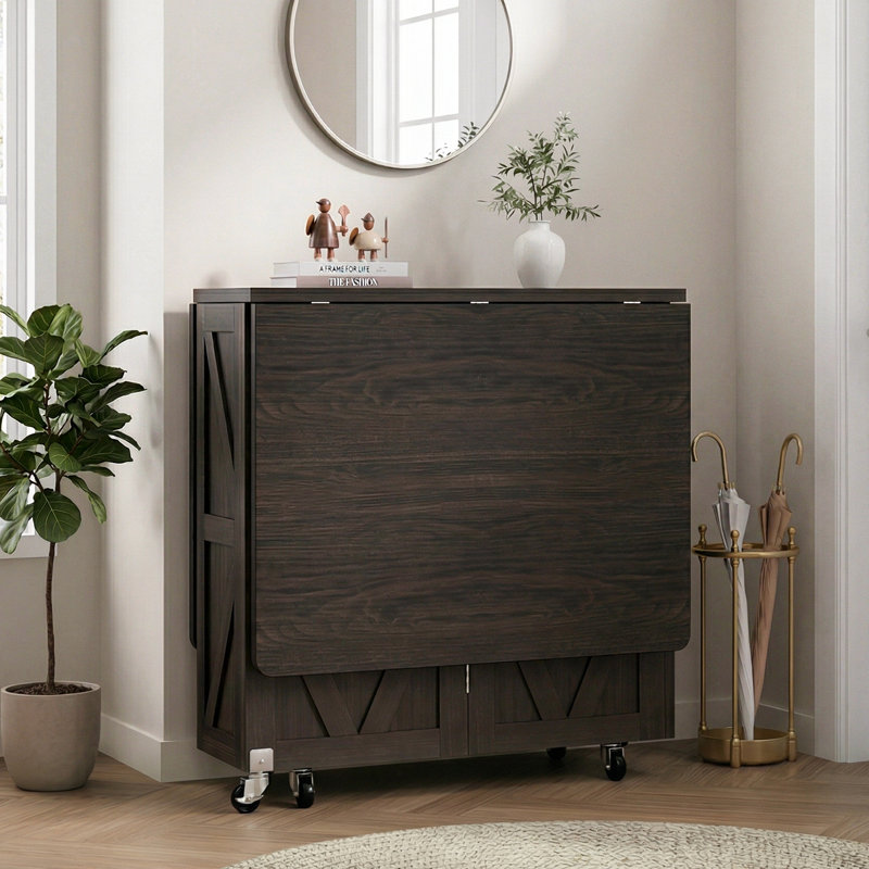 Folding Dining Table, Mobile Drop Leaf Table With 6 Wheels & Spacious Storage Drawers For Small Spaces, Kitchen & Dining Room