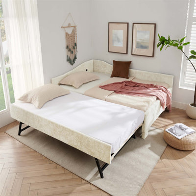 Lit de jour incurvé à dossier arrondi avec dossier arrondi, lit de jour en chenille à garniture cloutée rétro avec couchette coulissante et port USB (matelas non inclus)