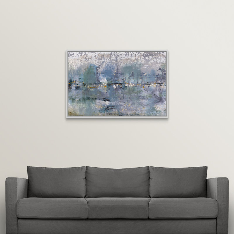 « délavé horizon », peinture sur toile, Cadre flottant blanc, H 33,7 po x l 49,7 po x P 1,75 po
