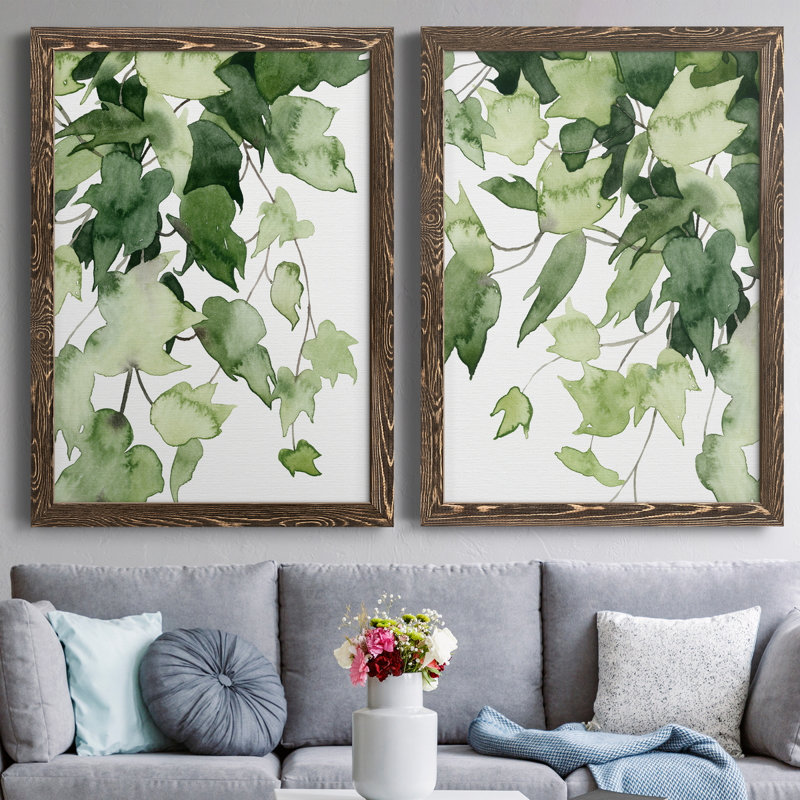 Emerald Vines I - Ensemble de 2 peintures sur toile encadrées, H 31,5 po x l 47 po x P 1,5 po, Noyer