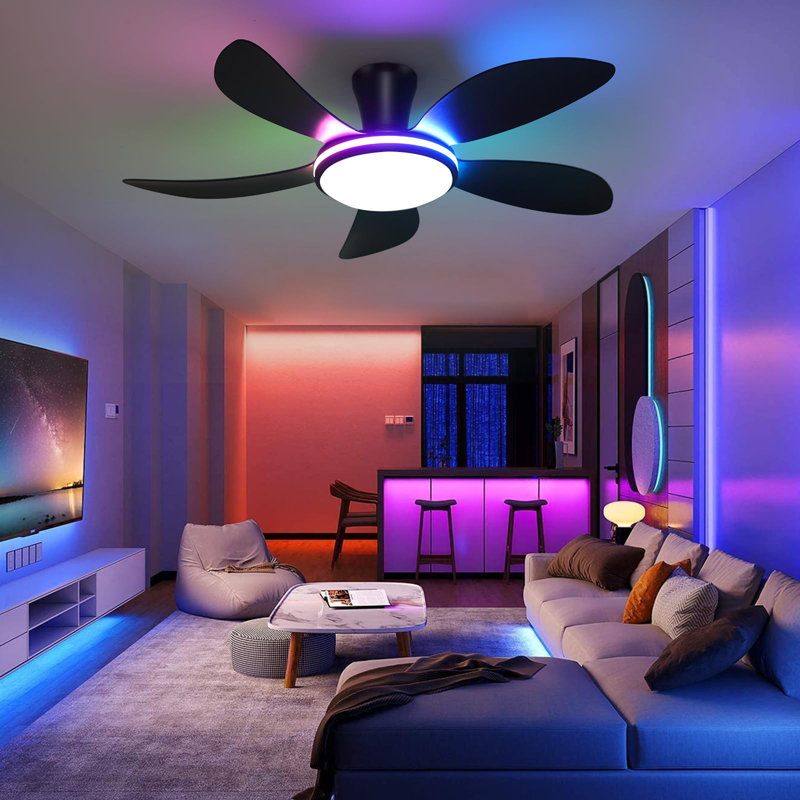 Ventilateurs de plafond modernes à profil bas de 48 pouces à 5 pales avec lumières et télécommande / app, Noir RVB