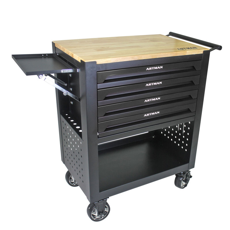 Chariot à outils multifonctionnel avec 4 roulettes et plateau en bois, Noir