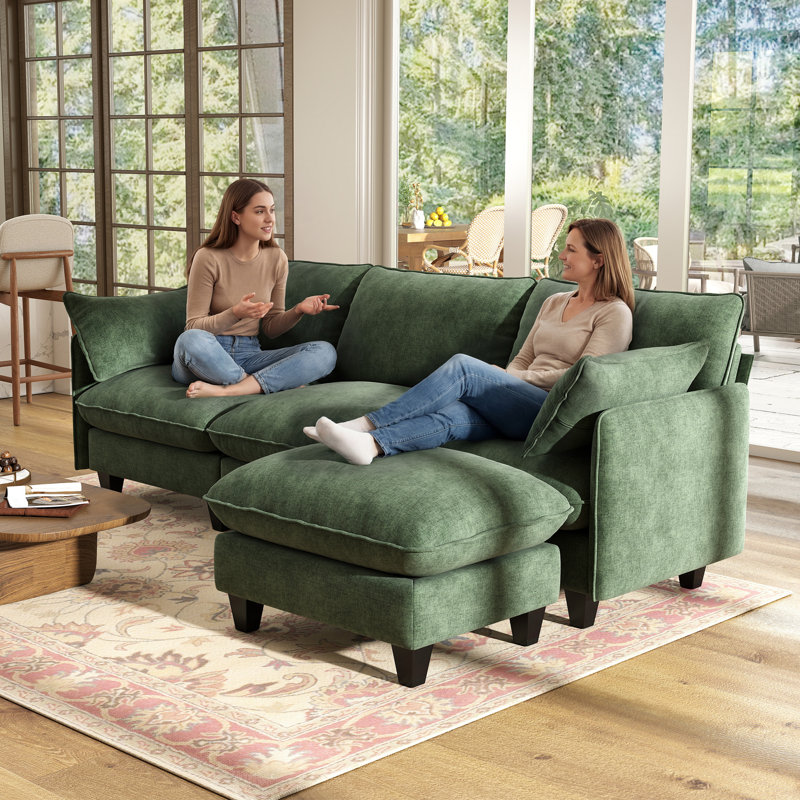 Acker 105'' Puff Cloud Modular Upholstered Sectional 3-seat with Sandwich-spring Style Support, Green Chenille, 3