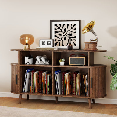 Round Record Player Stand With Charging Station, curved drawer with push-pull function, and cable hole