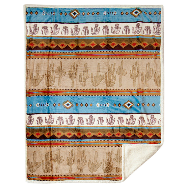Southwestern Cactus Stripe Plush Sherpa Fleece Throw Blanket, 54" x 68"