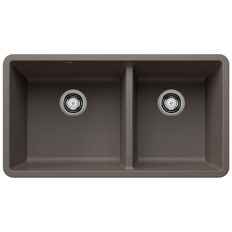 Precis SILGRANIT 33" L X 18" W Double Bowl Undermount Kitchen Sink, Volcano Gray