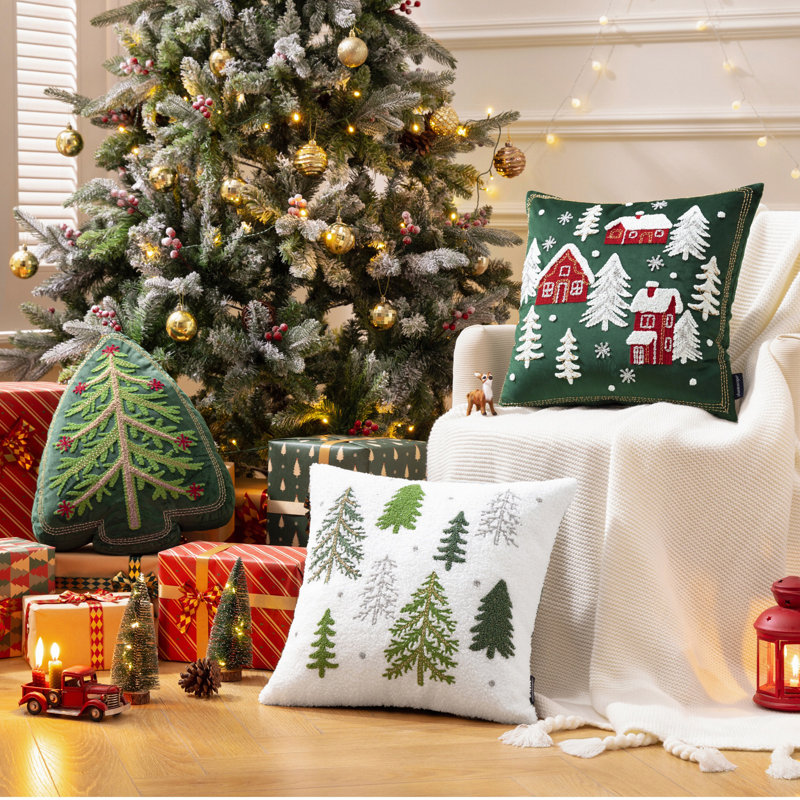 Housses de coussin brodées Phantoscope, 18 po x 18 po, paquet de 2, Arbre de Noël vert foncé