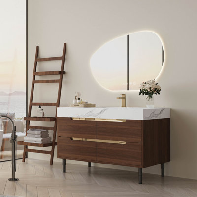 Meuble-lavabo autoportant en pierre frittée de 35,4 po avec lavabo encastré, bois massif multi-couches imperméable, rangement à 4 tiroirs, fixation murale