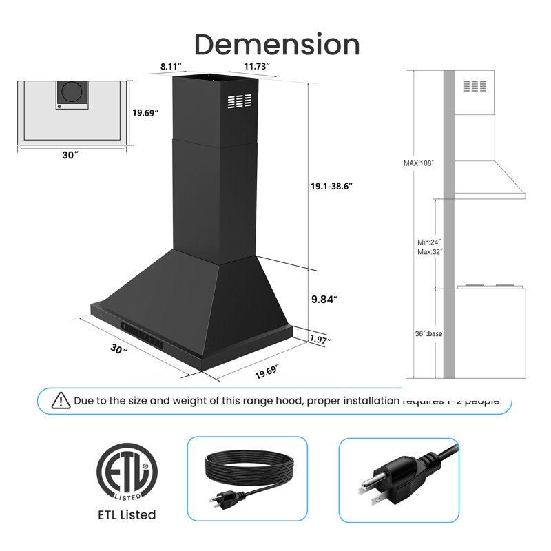 Hotte murale à conduit 30 pouces 600 CFM avec détection de geste intelligente et lumières DEL, Noir mat