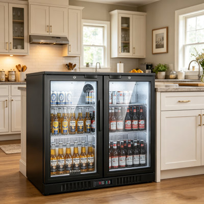 35-inch Dual Zone Under Counter Beverage Refrigerator, Built-in Or Freestanding Bar Fridge With Glass Doors, Led Lighting & Adjustable Shelves, Black