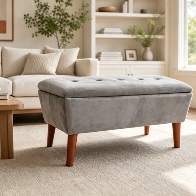 Banc repose-pieds rectangulaire de 42 po en lin, tabouret bas moderne avec repose-pieds en bois massif, banc à chaussures multi-usage et banc de bout de lit pour le salon / chambre à coucher