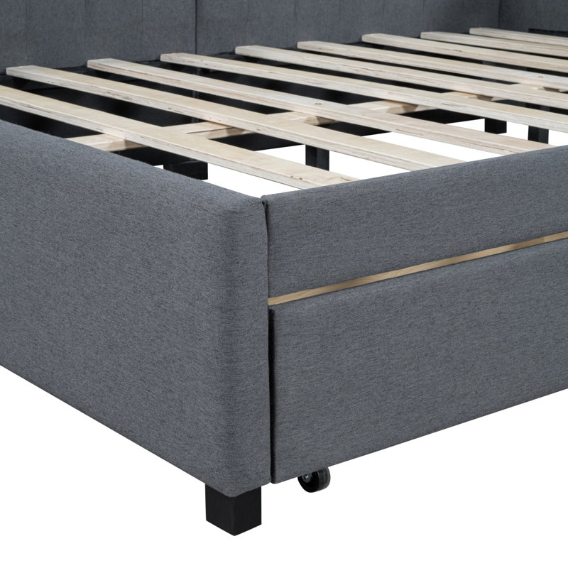 Upholstered Daybed Frame With 2 Storage Drawers Sofa Bed Frame No Box Spring Needed, Linen Fabric, Gray