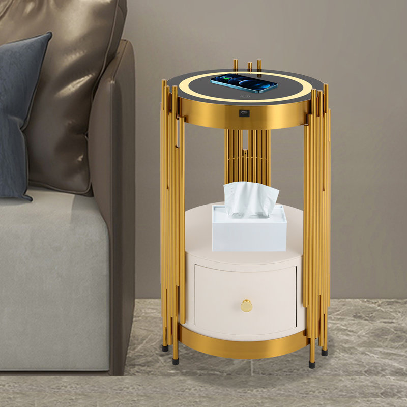 Led Smart Round Nightstand With Wireless Charging Station 13.78*25.59 In((D*H), White/Gold