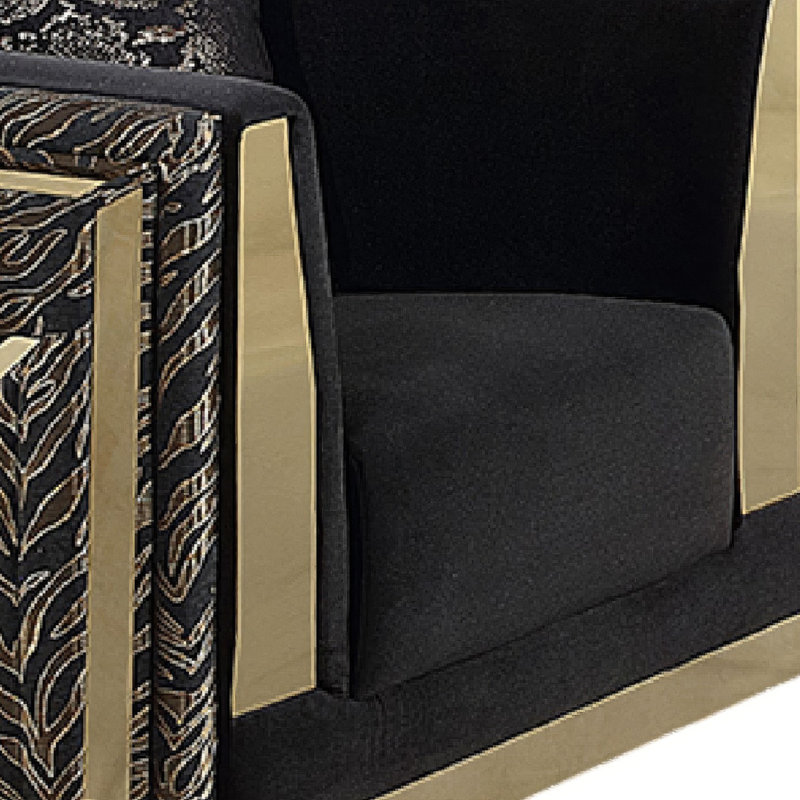 Fauteuil Dero, velours noir glam, panneaux imprimés zébrés dorés