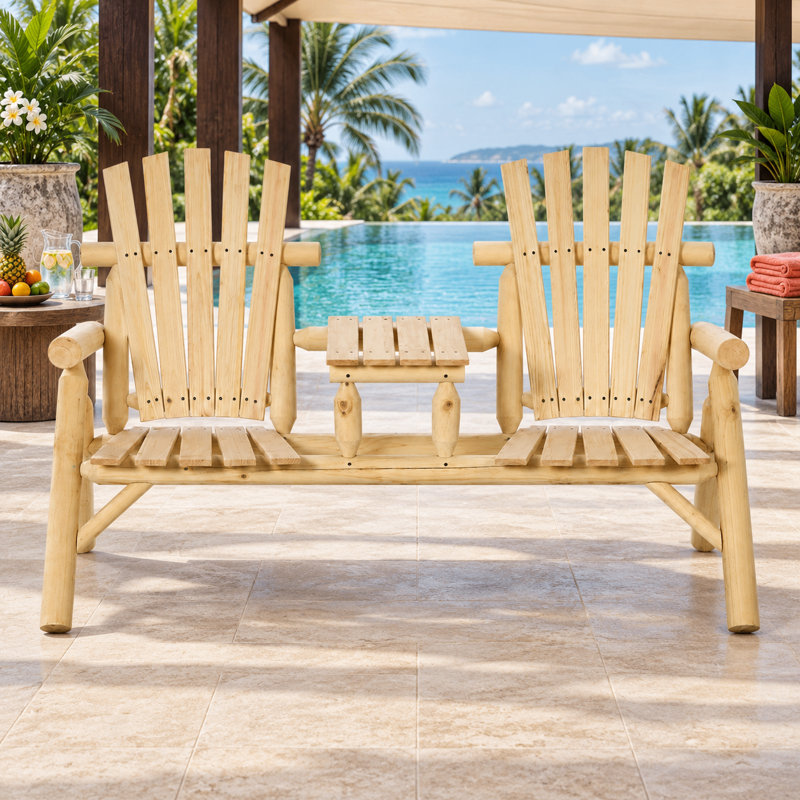 Banc Adirondack double classique à lattes avec table partagée, idéal pour des réunions confortables sur la véranda et dans le jardin.