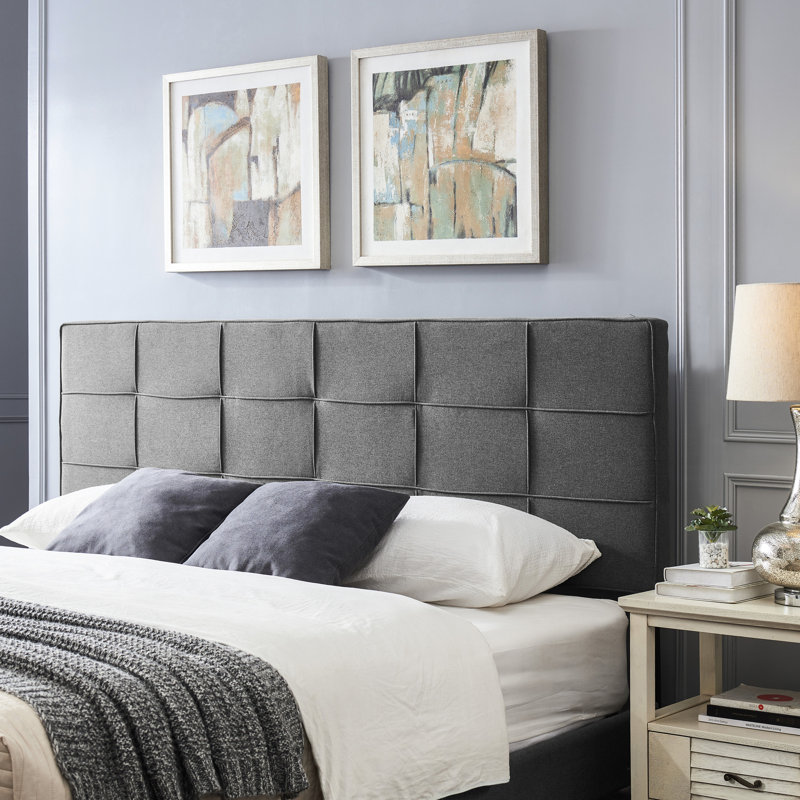 Modern King/ King Sized Headboard With Waffle Stitch And Piped Edges, Adjustable Height 48.5 - 53 In, Charcoal Grey Bed Part Contemporary Stitching
