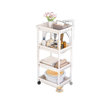 Large-capacity, multi-layer storage trolley with a sturdy floor design; versatile for storing bathroom, bedroom, and dormitory items.